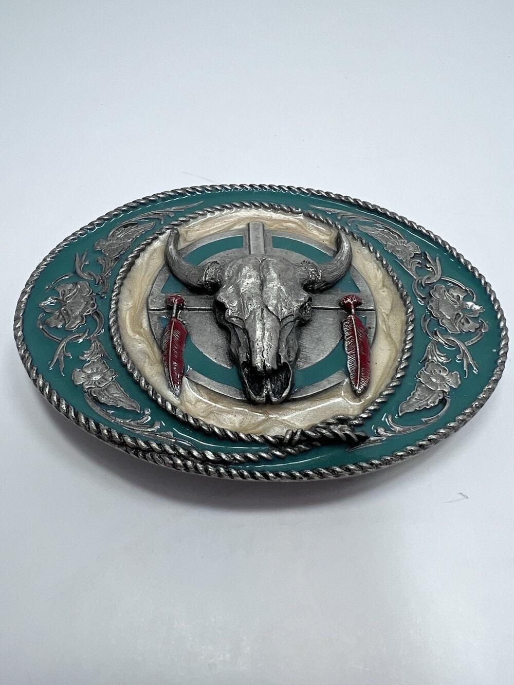 Siskiyou Vintage 1991 Pewter & Enamel Buffalo Skull Feathers Floral Belt Buckle